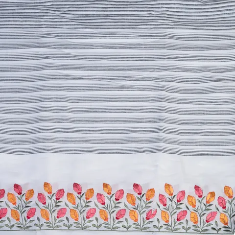 White Color Cotton Linen Embroidered Fabric