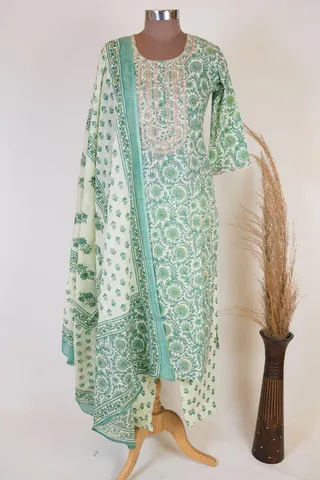 Cream Color Embroidered Cotton Kurta with Pants and Cotton Dupatta