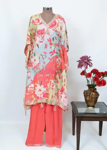 Muslin Printed Kaftaan With Rayon Bottom