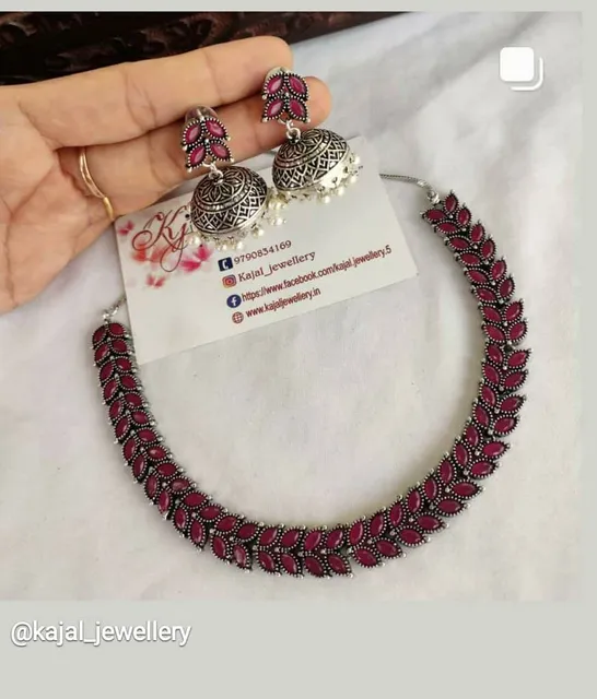 Pink oxidised necklace with jhumka