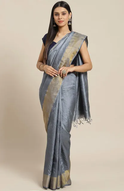 Handwoven Grey Tussar Silk Saree