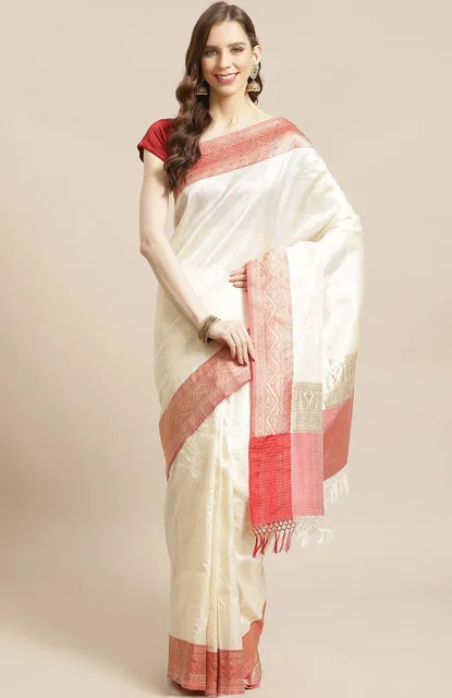 Handwoven Off-white Tangail Tussar Silk Saree