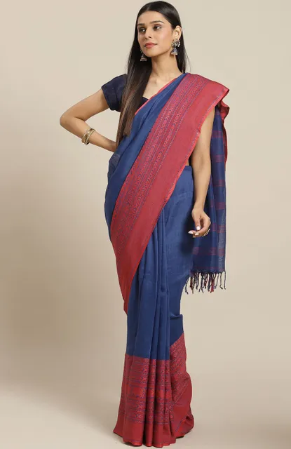 Handwoven Linen-Cotton Santipuri  Saree - Indigo