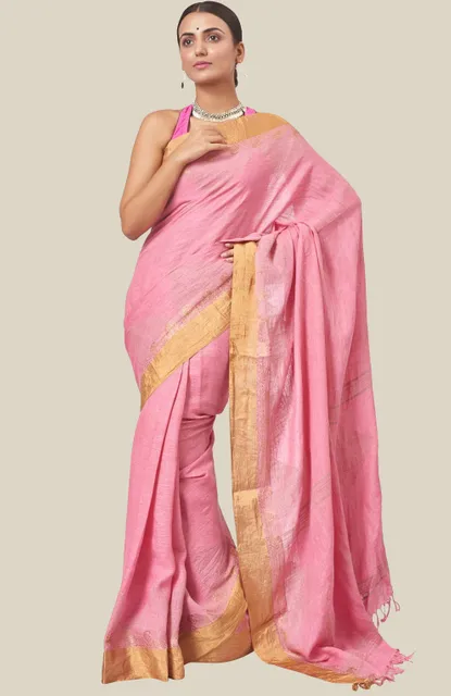 Handwoven Linen Nettle Jaquard Saree - Pink