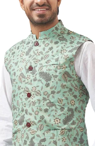 Handloom Jacket in Green Cotton-Silk with Prints