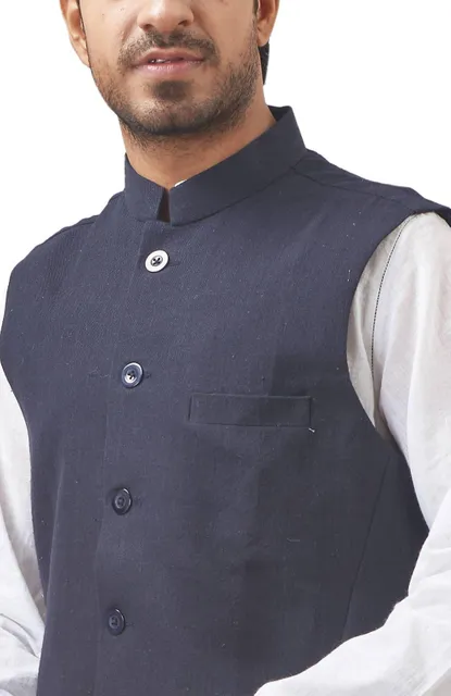 Handwoven Navy blue Twill Cotton-wool Nehru Jacket