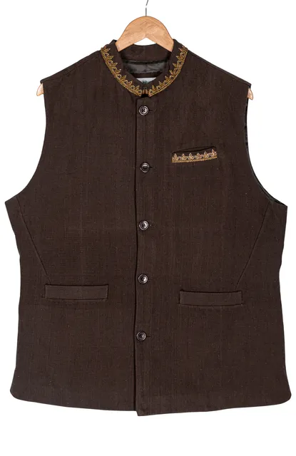 Handwoven Brown Twill Cotton-wool Nehru Jacket