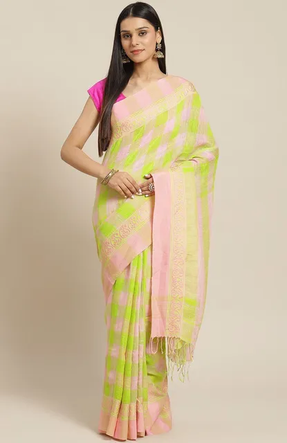 Handwoven Cotton-Linen Saree - Green & Pink