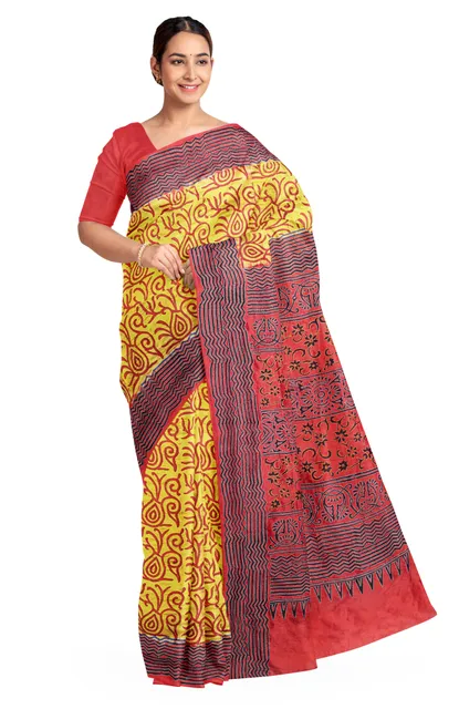 Kantha Silk Saree in Yellow and Red