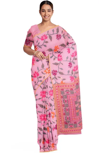 Kora Silk Jamdani Saree Pink