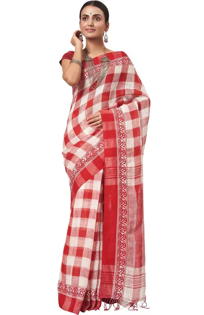Cotton-Linen Saree in Red & White
