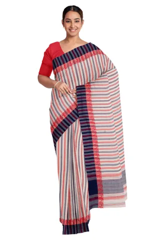 Handwoven Dhaniakhali Stripped Cotton Saree with Tassel