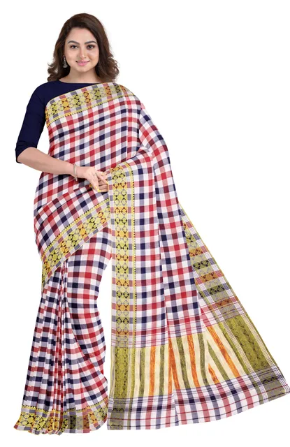 Handwoven Dhaniakhali  Checkered Cotton Saree with Tassel