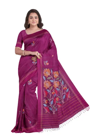 Handwoven Matka Silk Jamdani Saree in Magenta Colour