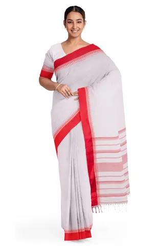 Handspun Saree in White with Red Border