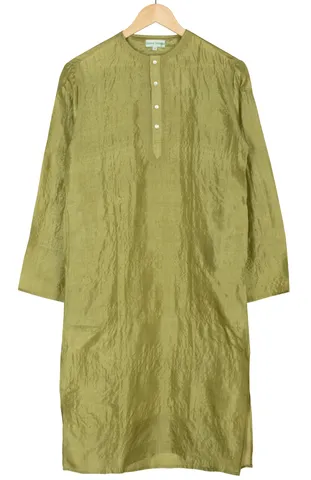 Handwoven Tussar Silk Kurta in Green with Embroidery