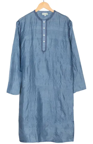 Handwoven Tussar Silk Kurta in Blue with Embroidery