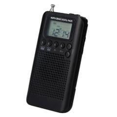 Portable AM/FM Radio Clock, Clear Loudspeaker, Earphone Jack, Time Display with Backlight, Battery Operated or DC-5V Power Black