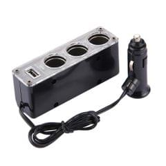 WF-0096 Triple Socket 12V/24V Car Cigarette Lighter USB Power (Black)