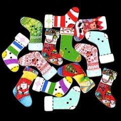 30 in 1 Children Cartoon Color Print Christmas Socks Shape Series Wooden Buttons, Random Style Delivery, Specification: 30 x 18mm