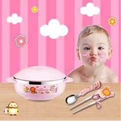 Set Of Child Using Cutlery Including Stainless Steel Thermal Insulated Cartoon Style Bowl With Cover And Handles, Chopstics, Spoon And Fork