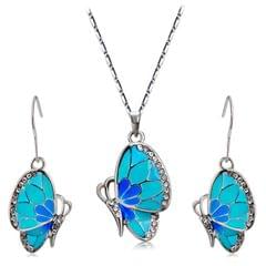 Blue Butterfly Inlaid Alloy Necklace Earring Set for Female, Chain Length: 42cm