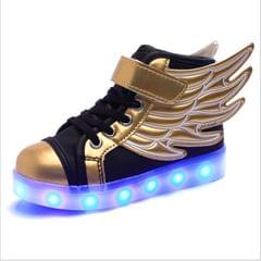 USB Charging Wings Colorful Luminous Shoes Flash Casual Kids Shoes (Black Gold)