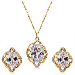 Flower Style Gold-Plated Crystal Pendant Necklace Earring Set for Women, Chain Length: 47.5cm