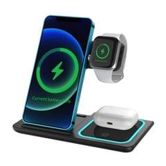 A10 3 in 1 23W Foldable QI Wireless Charger for Mobile Phones & Apple Watches & AirPods, with Ambient Light (Black)