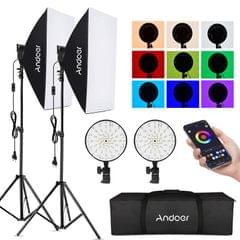 Andoer Studio Photography RGB Softbox Lighting Kit APP Control with 20*28 Inch Softbox * 2/ 50W 3200K-5500K RGB Light * 2/ 2M Light Stand * 2/ Carry Bag * 1 for Live Streaming Portrait Product Shooting,EU Plug