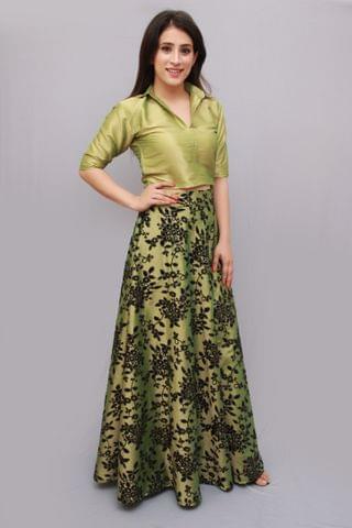 Embroidered Green Festive Skirt and Top Set