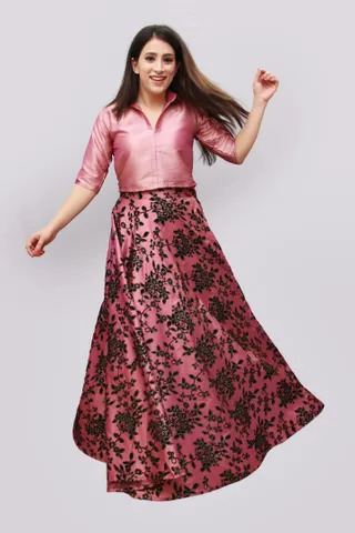 Embroidered Pink Festive Skirt and Top Set