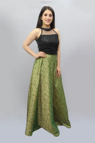Green Silk and Sequin Skirt Top Set