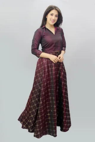 Purple Silk and Sequin Skirt Crop Top Set