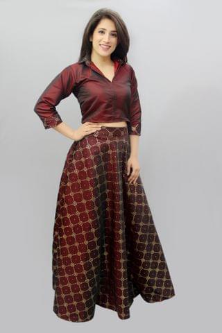 Wine Color Silk and Sequin Skirt Crop Top Set