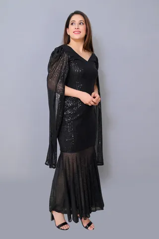 Black sequin cape sleeves party dress