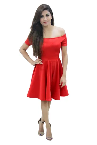 Solid Red Lycra Off Shoulder Dress