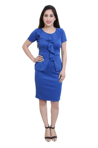 Solid Blue Bodycon With Ruffles