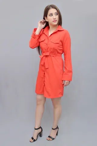 Solid Orange Shirt Dress