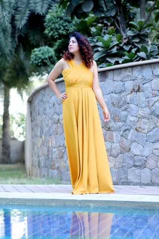 Solid Yellow Slit Party Gown