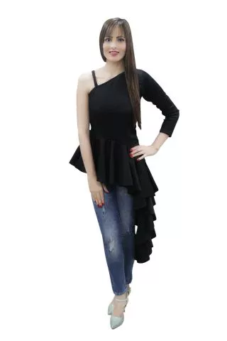 Solid Black Side High Low Ruffle Maxi Top