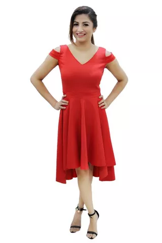 Solid Red High Low Cold Shoulder Dress