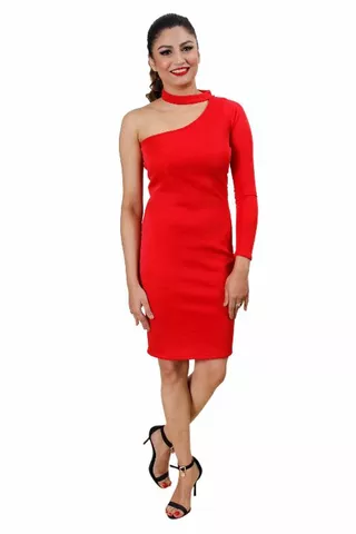 Red Color One Shoulder Tube Collar Dress