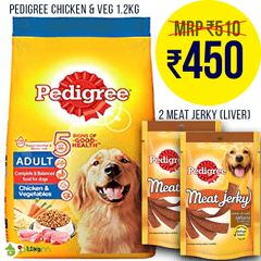 Combo: Pedigree Adult Chicken and Vegetable 1.2 kg + Two Meat Jerky Liver 80 gms