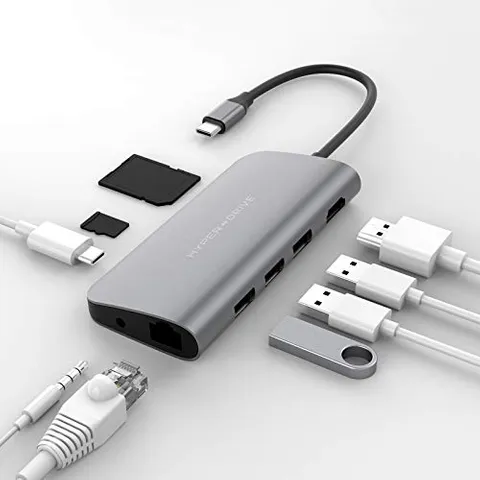 HyperDrive USB-C Hub Adapter, 9-in-1 Multi port Hub w 4K HDMI, USB-C PD, Giga Ethernet, Audio, 3 USB 3.0 gen1, Micro SD/SD Slots, Sanho Dongle for iPad Pro, MacBook Pro 2020 2019, Gray