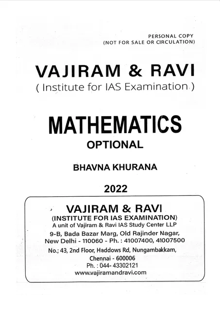 (Set of 10 Booklets) Vajiram & Ravi Handwritten/Class Notes 2022 - Mathematics Optional - Bhavna Khurana - [B/W PRINTOUT]