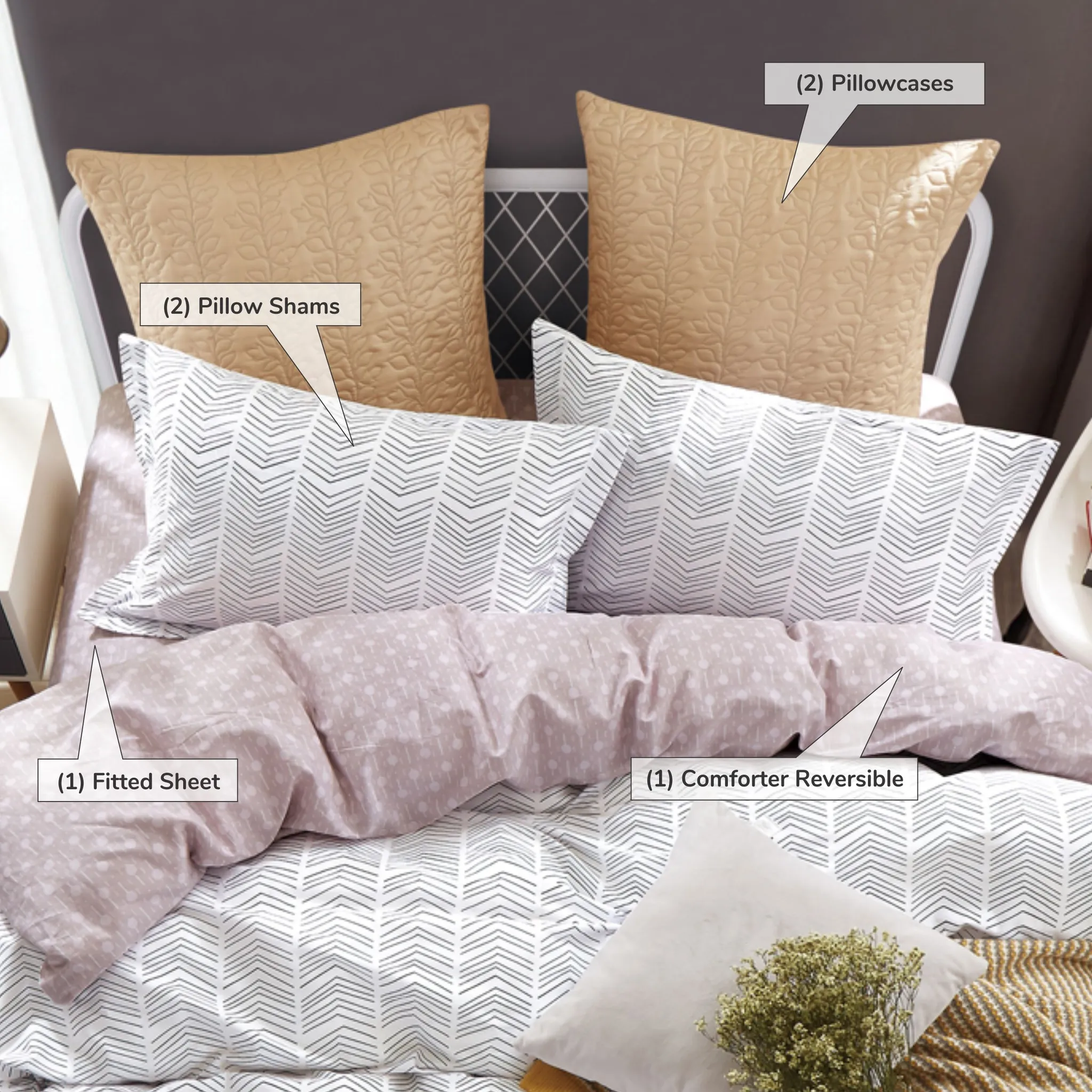 100% Crib Cotton Reversible Comforter Set 6-Piece King White/Black