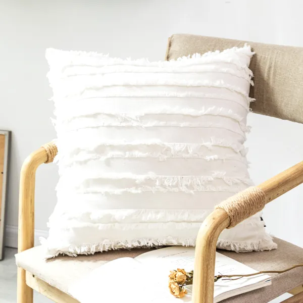White Tassel Stripe Cushion Cover