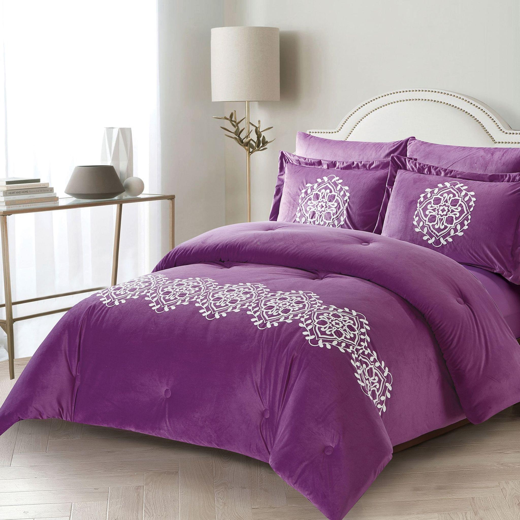 Damask Embroidered Tufted Comforter Set 6-Piece King Purple