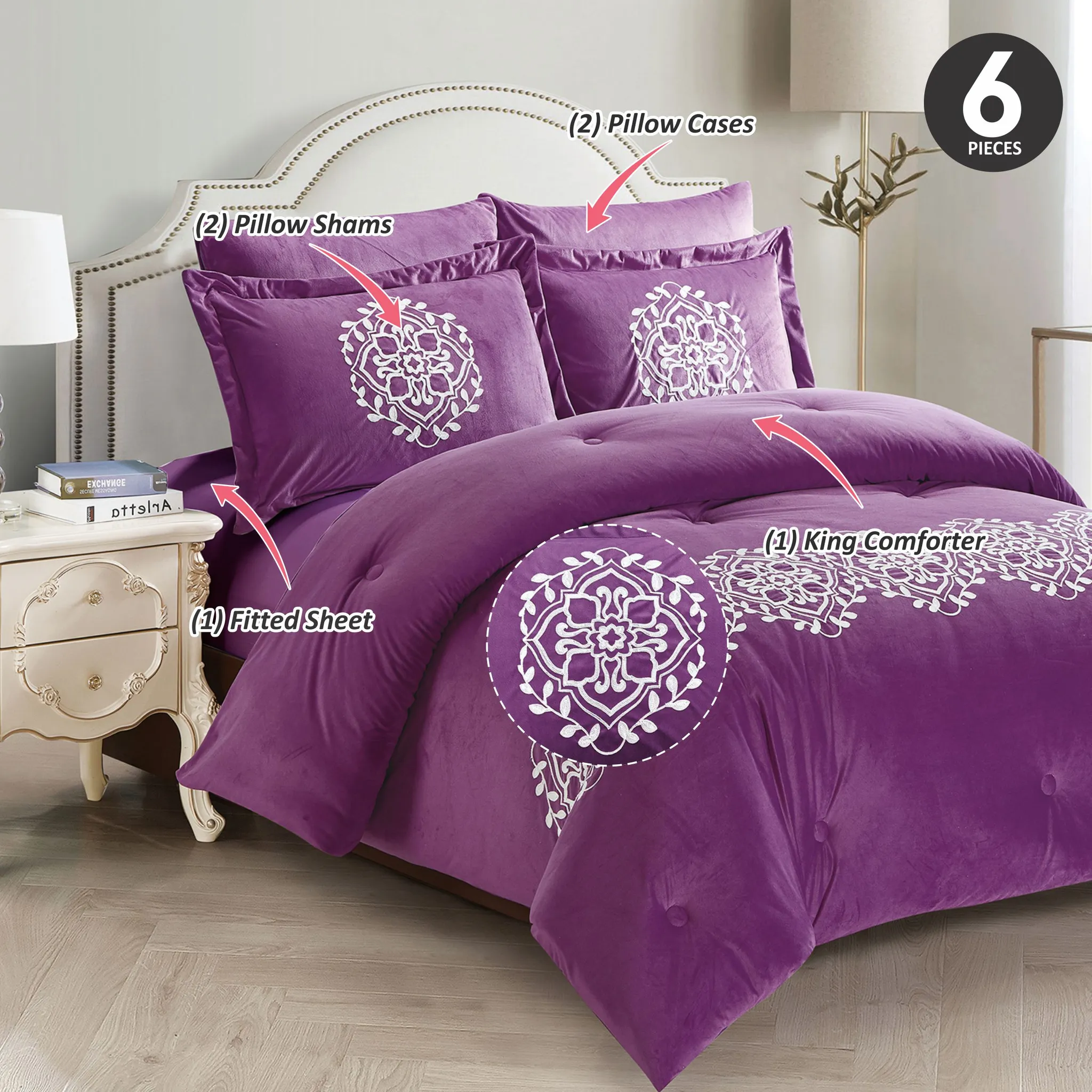 Damask Embroidered Tufted Comforter Set 6-Piece King Purple